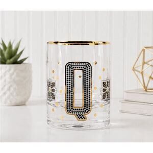 ANTHROPOLOGIE The Bistro Tile Monogram "Q" Old Fashioned Glass 24k Gold Rim NEW
